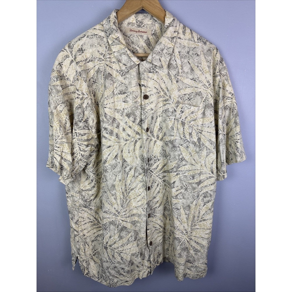 Tommy Bahama 100% Silk Button Up Front Shirt Mens XL Palm All Over Print Loop